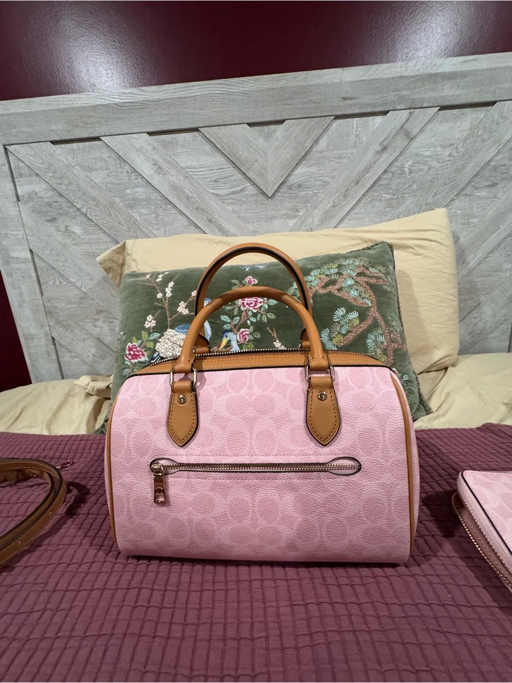 COACH Powder Pink Signature Satchel with Tan Leather Trim and Matching Wristlet